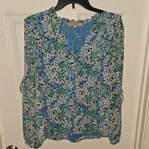 LOFT Floral V-Neck Blouse - Blue and Green